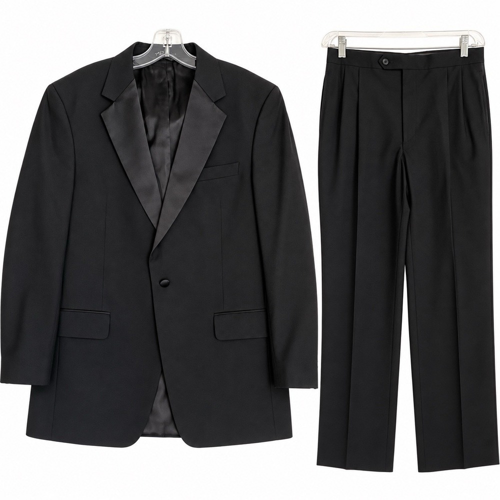 JoS A BANK Tuxedo Suit 2 Piece 41 Long Pants 34x30 Black Wool Satin Lapel Formal